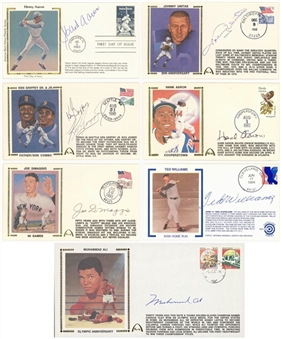 Lot of (14) All Time Greats Multi-Sport Signed First Day Covers Including Muhammad Ali, Hank Aaron (2), Joe DiMaggio, Johnny Unitas and Ted Williams (JSA Auction LOA)
